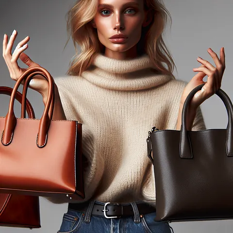 Caucasian woman showcasing modern leather handbags
