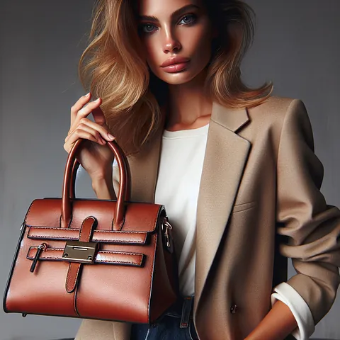 Caucasian woman holding a stylish leather handbag.